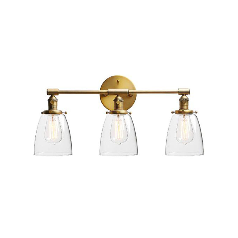 Industrial Brass Cone Wall Mounted Light Fixture - Clear Glass Lighting for Restaurants - 3-Bulb