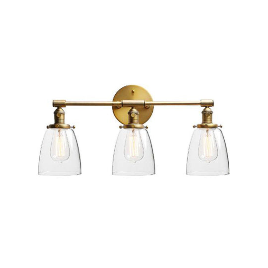 Industrial Brass Cone Wall Mounted Light Fixture - Clear Glass Lighting for Restaurants - 3-Bulb