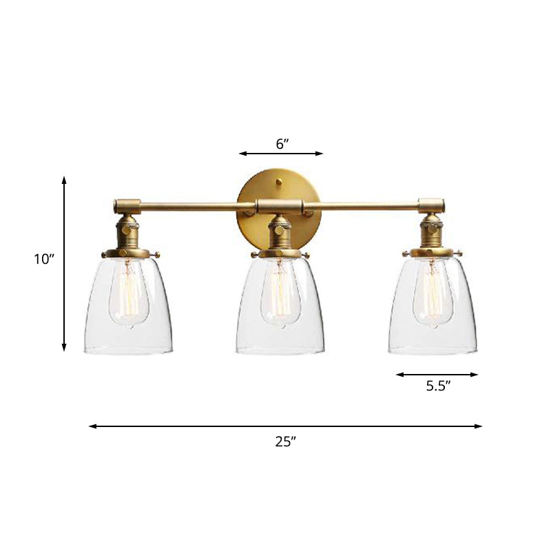 Industrial Brass Cone Wall Mounted Light Fixture - Clear Glass Lighting for Restaurants - 3-Bulb