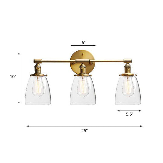 Industrial Brass Cone Wall Mounted Light Fixture - Clear Glass Lighting for Restaurants - 3-Bulb