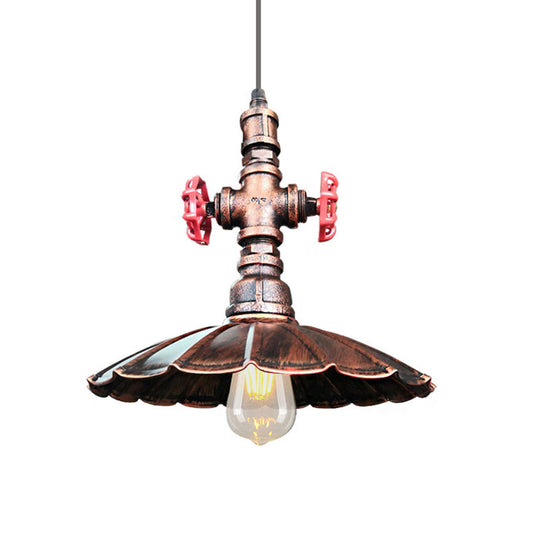 1 Light Rustic Scalloped Edge Ceiling Pendant in Brass/Weathered Copper with Pipe & Valve