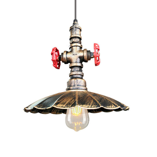 1 Light Rustic Scalloped Edge Ceiling Pendant in Brass/Weathered Copper with Pipe & Valve