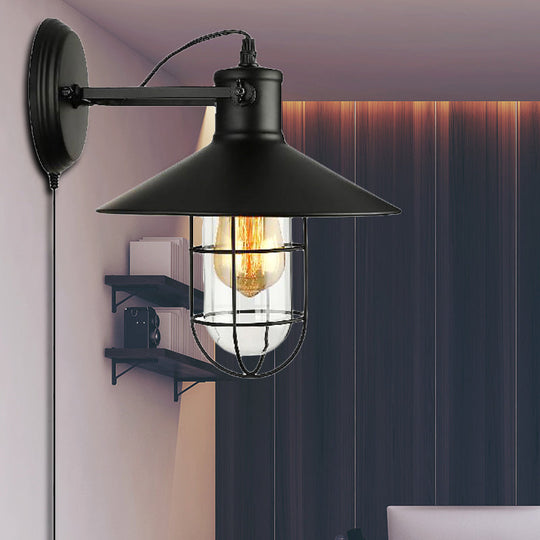 Industrial Black Cone Sconce with Clear Glass - Kitchen Wall Lamp with Cage and Plug-In Cord