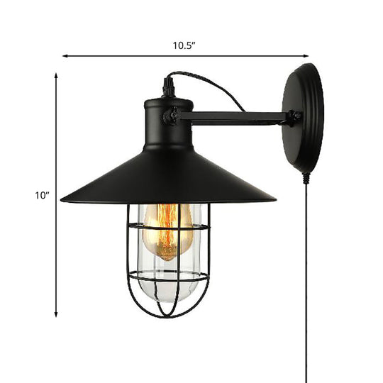 Industrial Black Cone Sconce with Clear Glass - Kitchen Wall Lamp with Cage and Plug-In Cord
