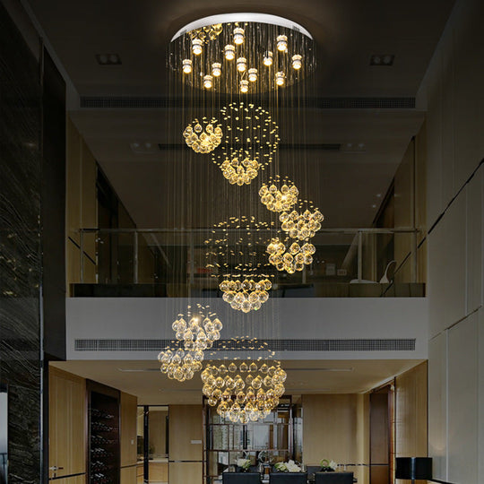Sleek Crystal Gold Cluster Pendant Light with Modern LED, 13 Heads, Spiral Design for Hanging Ceiling, Round Canopy