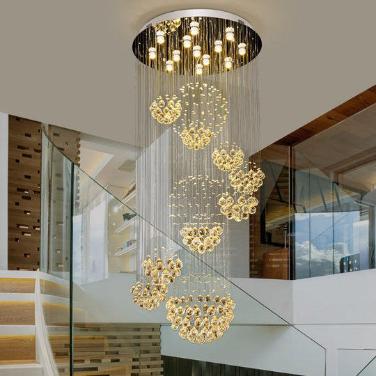 Sleek Crystal Gold Cluster Pendant Light with Modern LED, 13 Heads, Spiral Design for Hanging Ceiling, Round Canopy