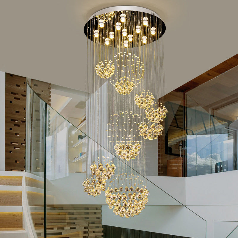 Sleek Crystal Gold Cluster Pendant Light with Modern LED, 13 Heads, Spiral Design for Hanging Ceiling, Round Canopy