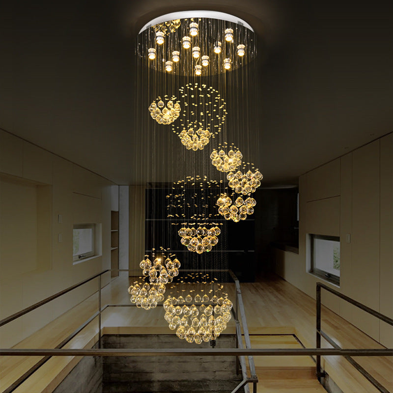 Sleek Crystal Gold Cluster Pendant Light with Modern LED, 13 Heads, Spiral Design for Hanging Ceiling, Round Canopy