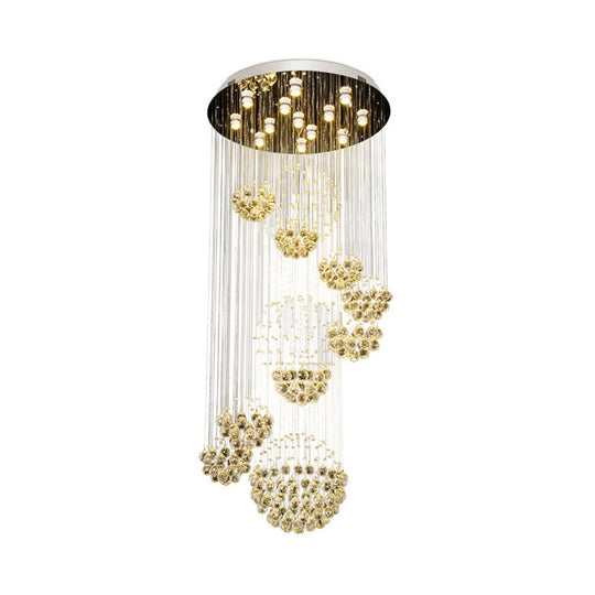 Sleek Crystal Gold Cluster Pendant Light with Modern LED, 13 Heads, Spiral Design for Hanging Ceiling, Round Canopy