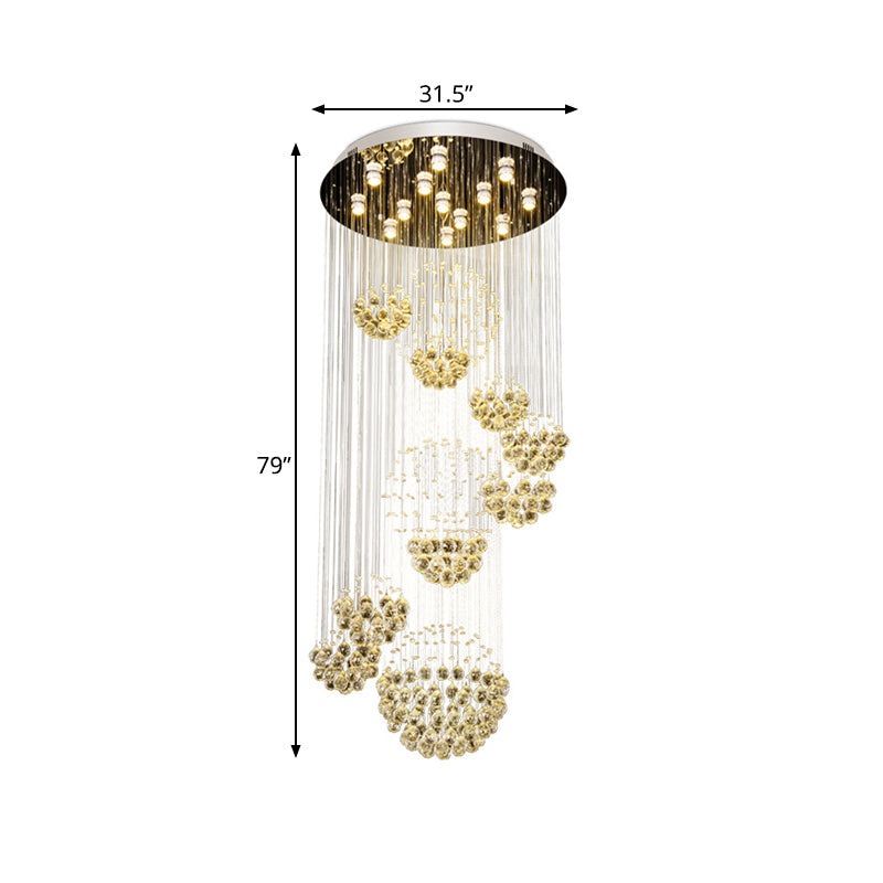 Sleek Crystal Gold Cluster Pendant Light with Modern LED, 13 Heads, Spiral Design for Hanging Ceiling, Round Canopy