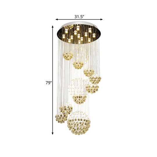 Sleek Crystal Gold Cluster Pendant Light with Modern LED, 13 Heads, Spiral Design for Hanging Ceiling, Round Canopy