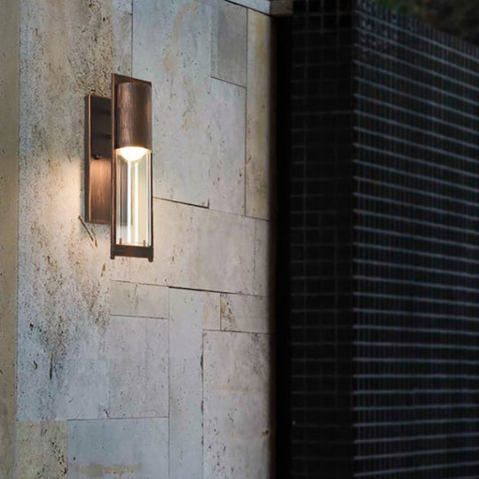 Modern Black/Rust Metal Wall Sconce with Clear Glass Shade - Outdoor Tube Light