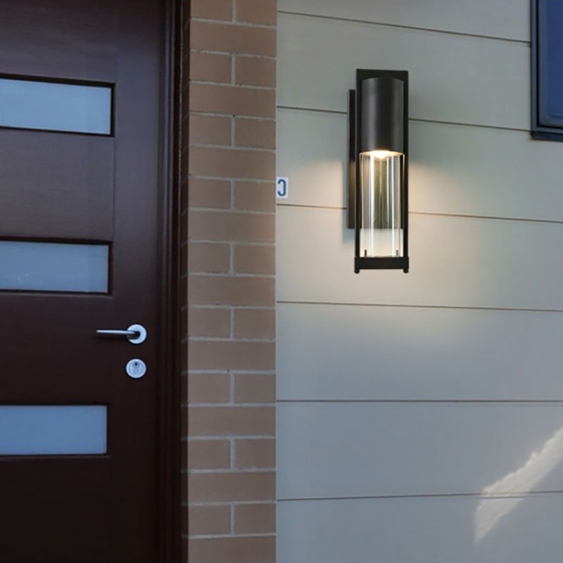 Modern Black/Rust Metal Wall Sconce with Clear Glass Shade - Outdoor Tube Light
