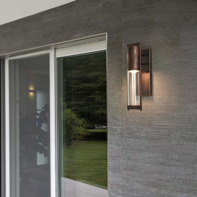 Modern Black/Rust Metal Wall Sconce with Clear Glass Shade - Outdoor Tube Light