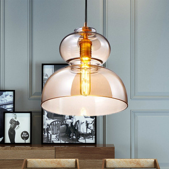 Curved Ceiling Pendant Light - Blue/Cognac Glass, 1 Bulb, 10"/11" Wide - Ideal for Restaurants