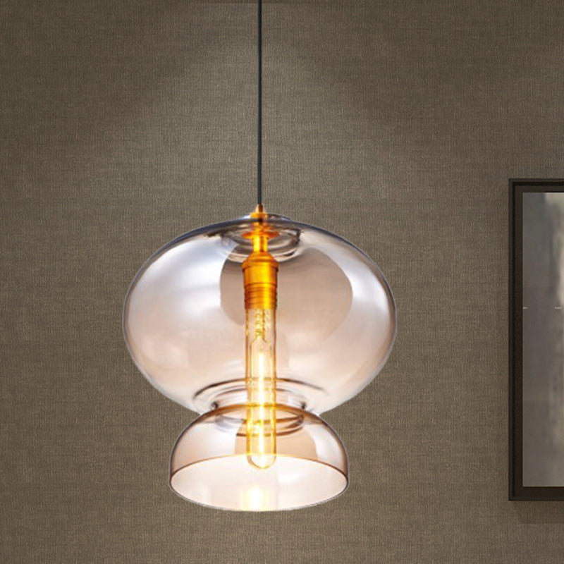 Curved Ceiling Pendant Light - Blue/Cognac Glass, 1 Bulb, 10"/11" Wide - Ideal for Restaurants