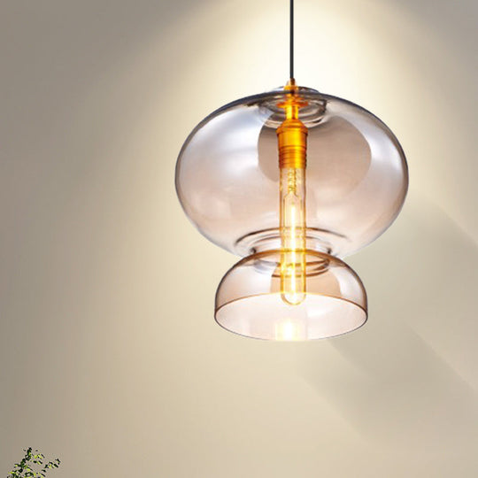 Curved Ceiling Pendant Light - Blue/Cognac Glass, 1 Bulb, 10"/11" Wide - Ideal for Restaurants