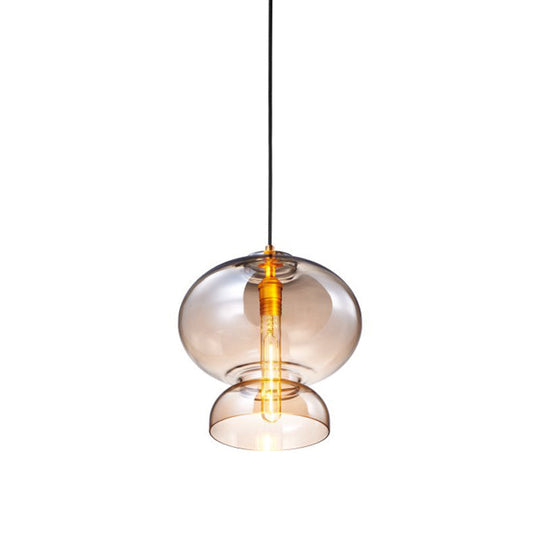 Curved Ceiling Pendant Light - Blue/Cognac Glass, 1 Bulb, 10"/11" Wide - Ideal for Restaurants