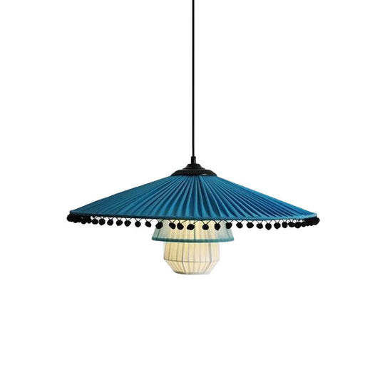 Stylish Blue Pendant Lamp with Bead Droplet – Modern Flare, Gathered Fabric, 1 Head