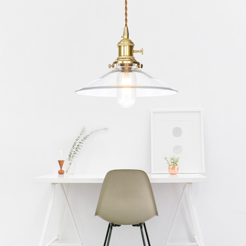 Industrial Clear Glass Saucer/Dome/Prismatic Brass Ceiling Pendant Light for Living Room