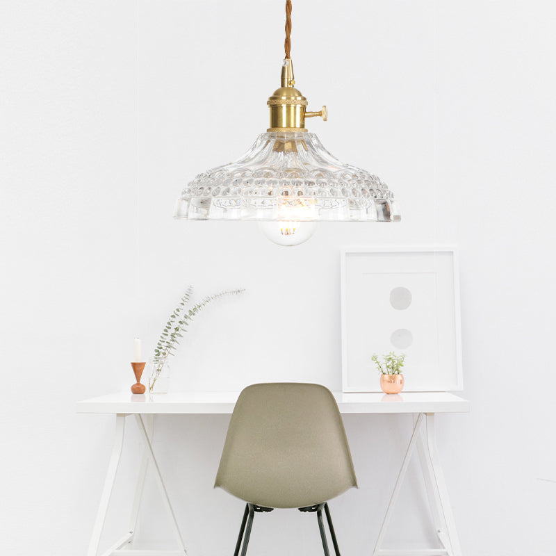 Industrial Clear Glass Saucer/Dome/Prismatic Brass Ceiling Pendant Light for Living Room
