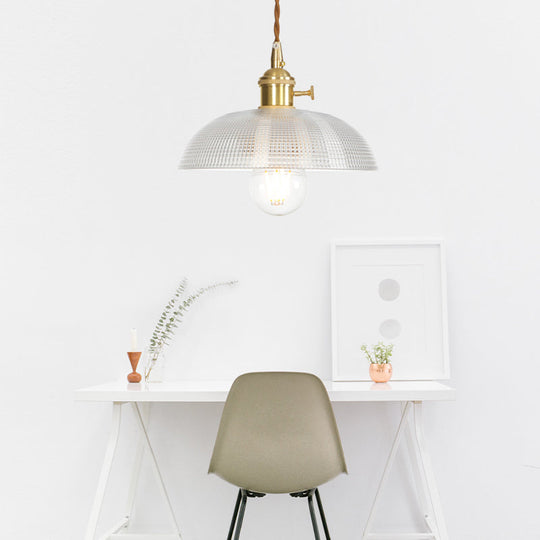 Industrial Clear Glass Saucer/Dome/Prismatic Brass Ceiling Pendant Light for Living Room