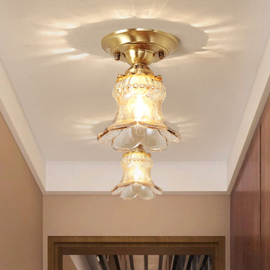 Retro Style Amber Glass Flush Mount Lamp: Single Light Ceiling Fixture with Brass Accents