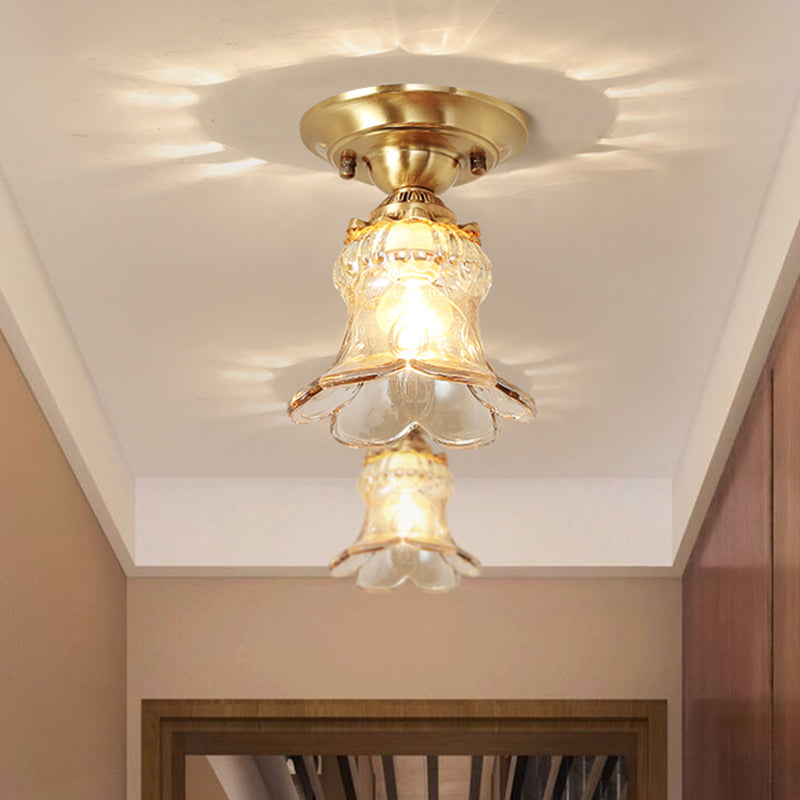 Retro Style Amber Glass Flush Mount Lamp: Single Light Ceiling Fixture with Brass Accents