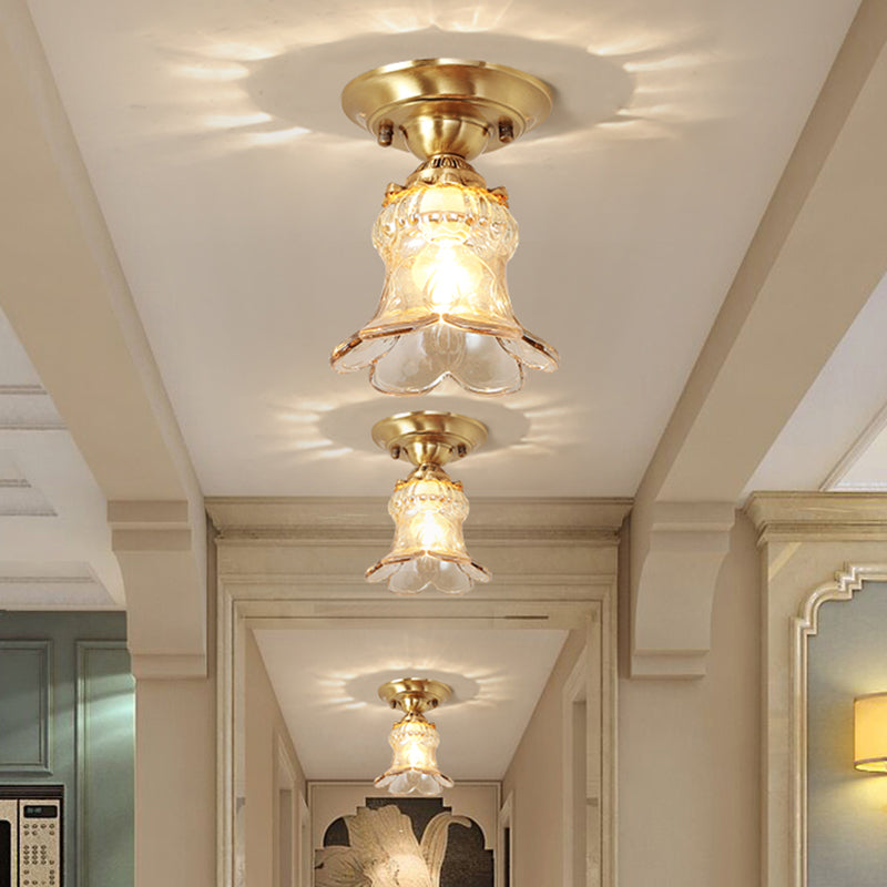 Retro Style Amber Glass Flush Mount Lamp: Single Light Ceiling Fixture with Brass Accents