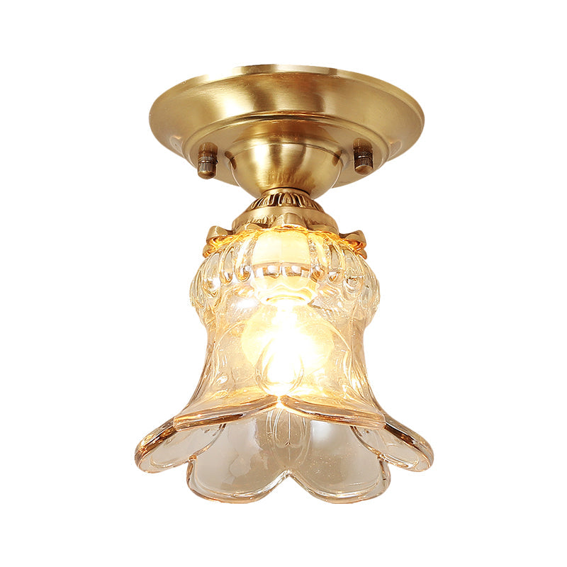 Retro Style Amber Glass Flush Mount Lamp: Single Light Ceiling Fixture with Brass Accents