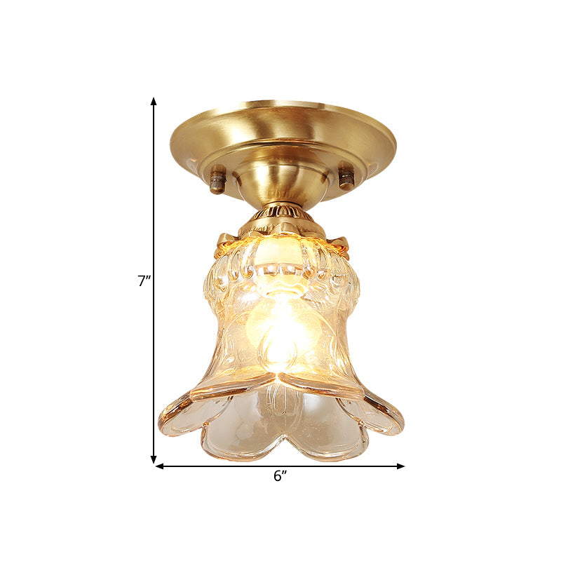 Retro Style Amber Glass Flush Mount Lamp: Single Light Ceiling Fixture with Brass Accents