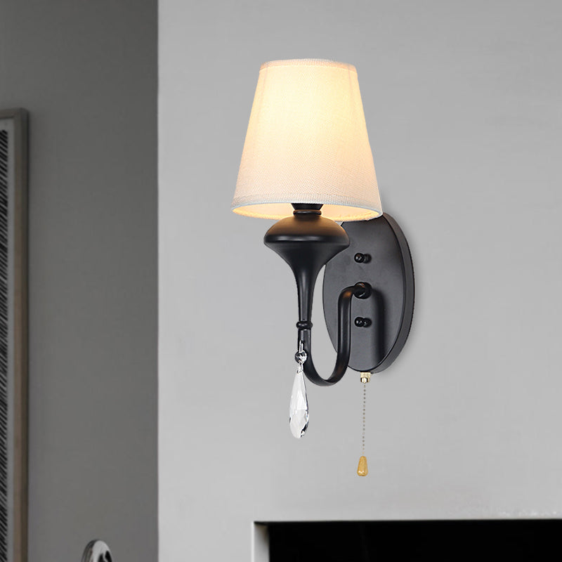 Farmhouse Wall Mount Light with Crystal Drop and Pull Chain - Black Finish