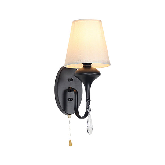 Farmhouse Wall Mount Light with Crystal Drop and Pull Chain - Black Finish