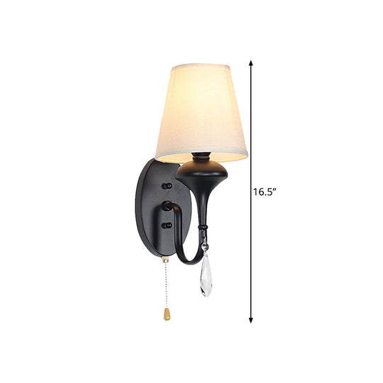 Farmhouse Wall Mount Light with Crystal Drop and Pull Chain - Black Finish