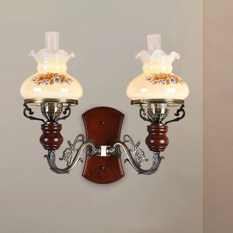 Traditional Opal Glass Wall Sconce Light with Flower Pattern - Brass, 2 Bulbs