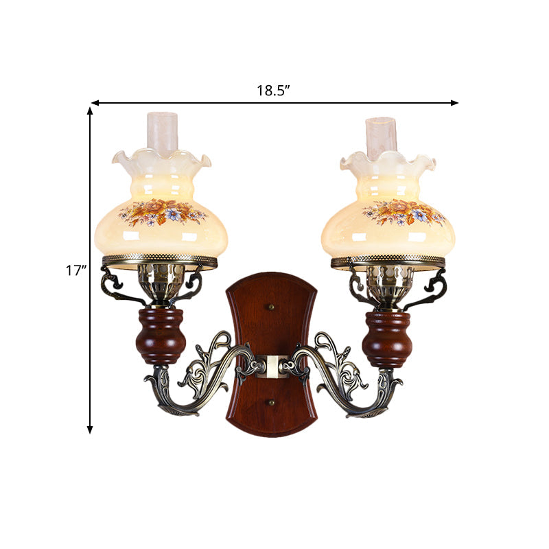 Traditional Opal Glass Wall Sconce Light with Flower Pattern - Brass, 2 Bulbs