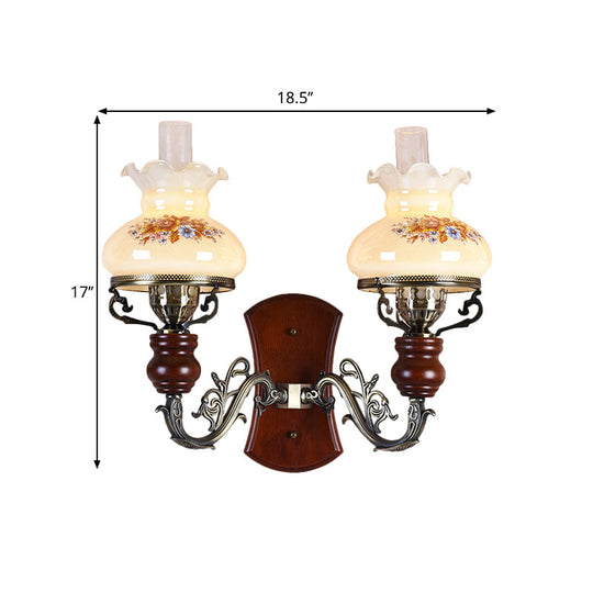 Traditional Opal Glass Wall Sconce Light with Flower Pattern - Brass, 2 Bulbs