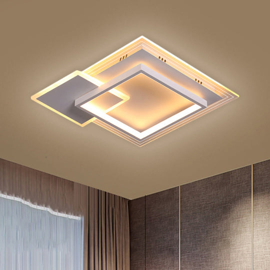 Contemporary LED White Ceiling Light with Warm/White Light - Metal Square Flushmount - 16.5"/20.5