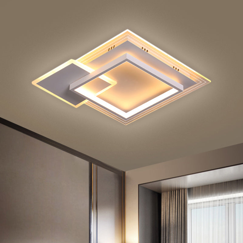 Contemporary LED White Ceiling Light with Warm/White Light - Metal Square Flushmount - 16.5"/20.5