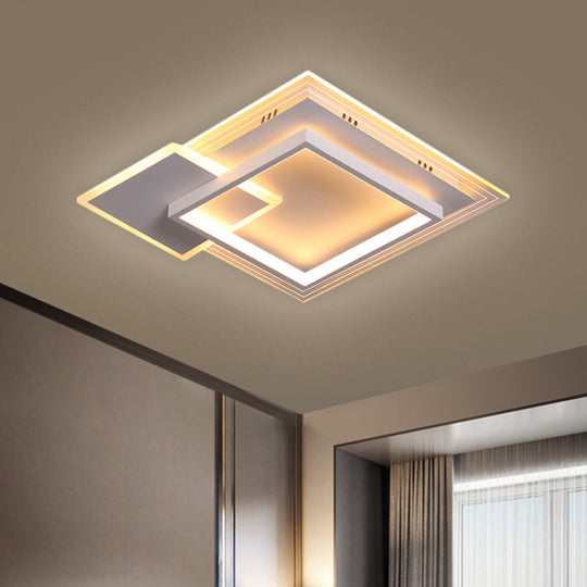 Contemporary LED White Ceiling Light with Warm/White Light - Metal Square Flushmount - 16.5"/20.5