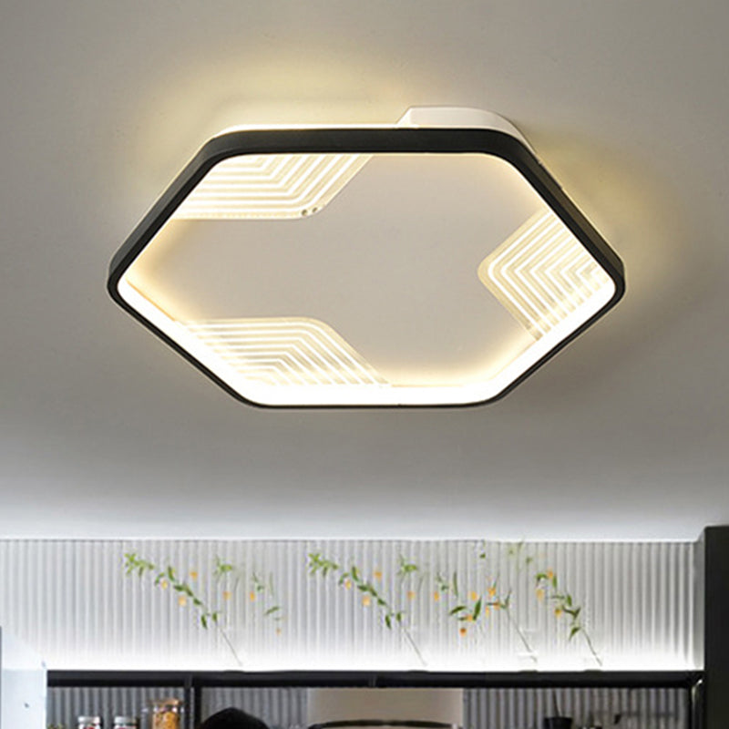 Simple Black LED Ceiling Lamp - Kitchen Flush Mount with Acrylic Hexagon Shade in Warm/White Light, 18.5"/23.5