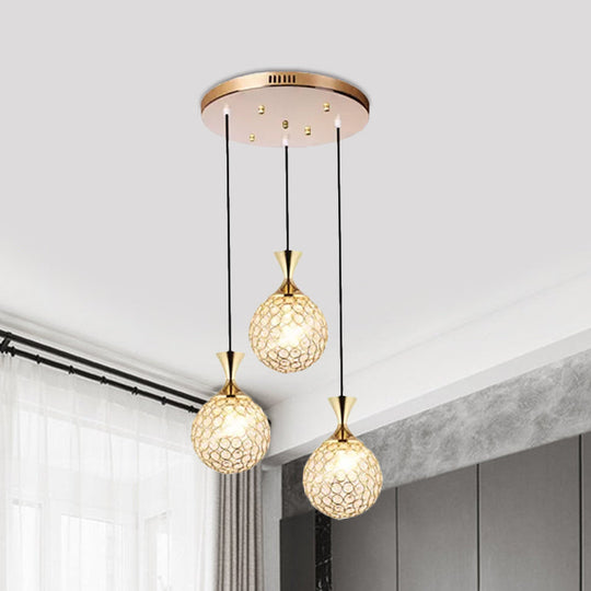 Globe Dining Room Ceiling Lamp - Minimal Crystal-Encrusted Pendant Lighting Fixture (3/5 Bulbs) - Gold Multi