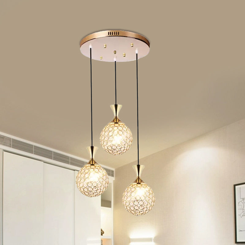 Globe Dining Room Ceiling Lamp - Minimal Crystal-Encrusted Pendant Lighting Fixture (3/5 Bulbs) - Gold Multi