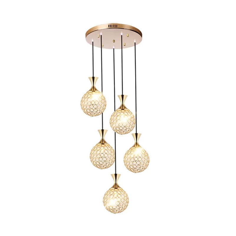 Globe Dining Room Ceiling Lamp - Minimal Crystal-Encrusted Pendant Lighting Fixture (3/5 Bulbs) - Gold Multi