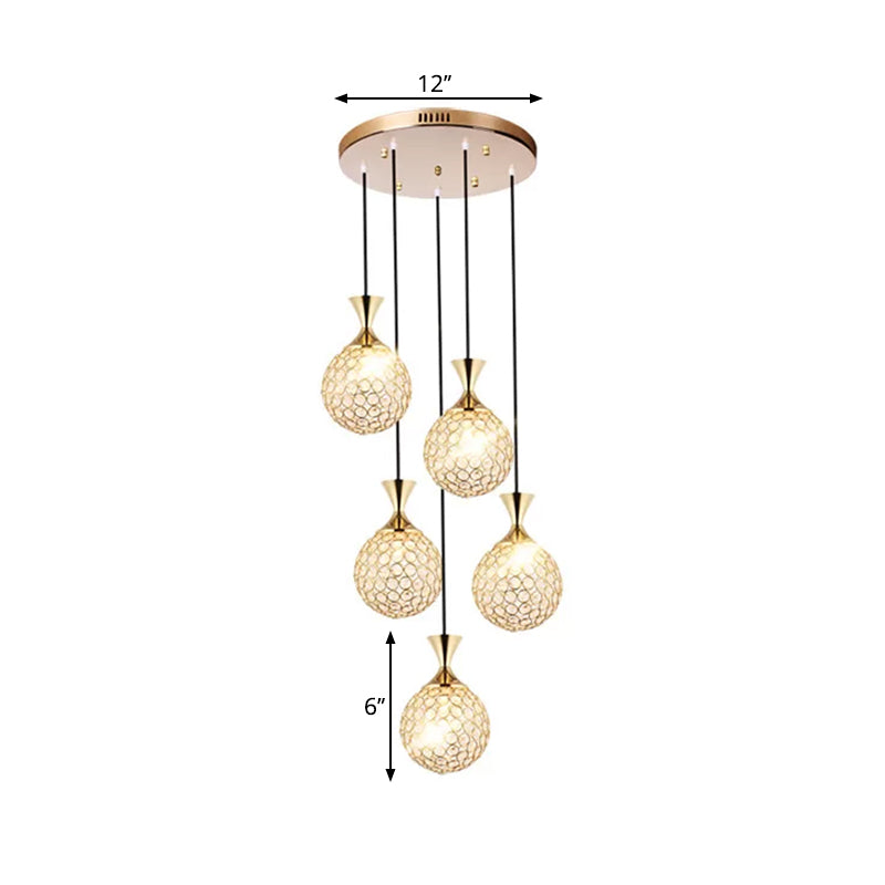 Globe Dining Room Ceiling Lamp - Minimal Crystal-Encrusted Pendant Lighting Fixture (3/5 Bulbs) - Gold Multi