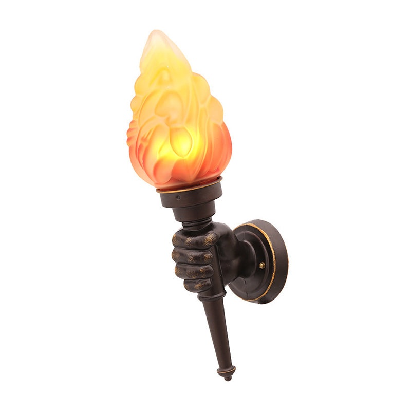 Black Wall Sconce with Amber Glass Torch and Hand Decor - Single Bulb Mount Light