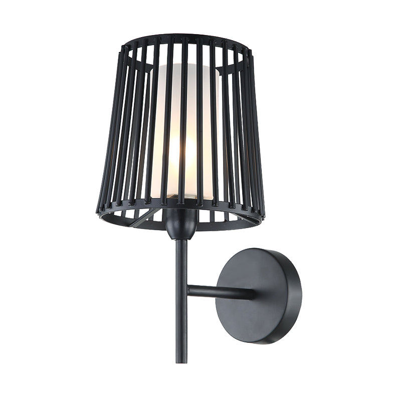Farmhouse Wall Mount Lamp: Single Light Cone Frame Sconce in Metallic Finish with Opal Glass Shade - Black