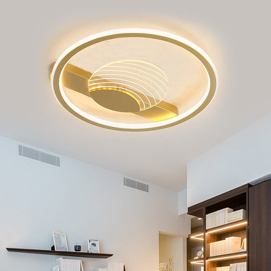 Modern Minimalistic Ceiling Lamp: Metallic Circle and Line Design, LED Flush Mount Fixture for Bedroom, 16"/19.5" Diameter, Black/Gold with Warm/White Light
