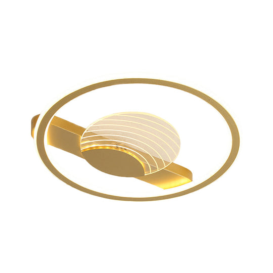 Modern Minimalistic Ceiling Lamp: Metallic Circle and Line Design, LED Flush Mount Fixture for Bedroom, 16"/19.5" Diameter, Black/Gold with Warm/White Light