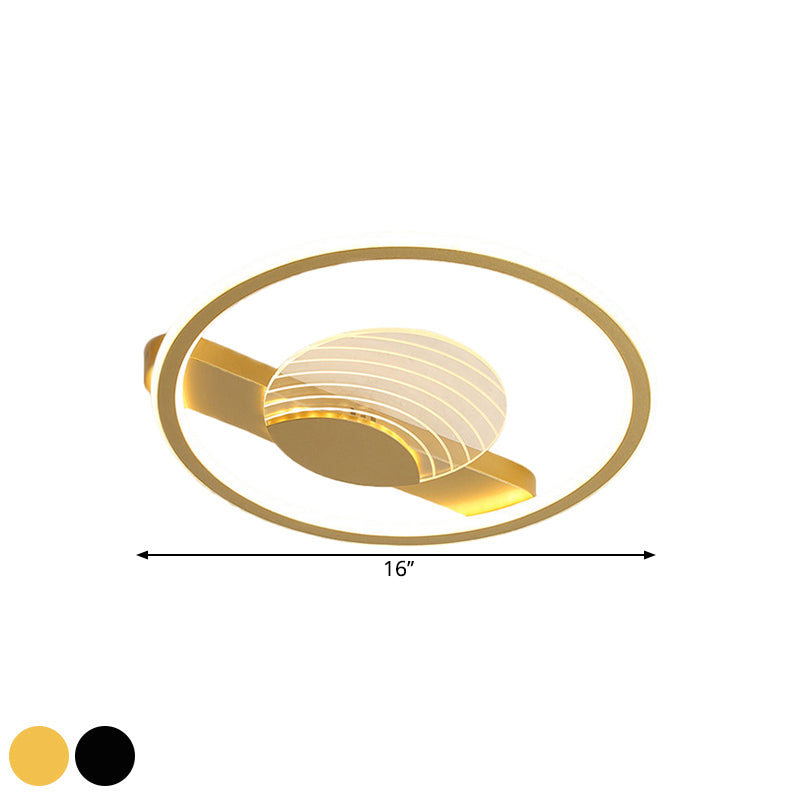 Modern Minimalistic Ceiling Lamp: Metallic Circle and Line Design, LED Flush Mount Fixture for Bedroom, 16"/19.5" Diameter, Black/Gold with Warm/White Light